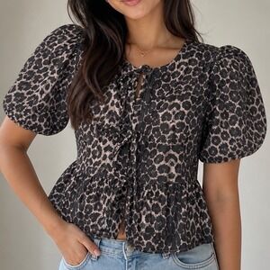 Reserved Leopard Print Puff Sleeve Peplum Tie Front Cotton Blouse Brown Small t2